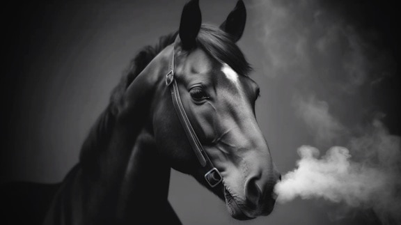 Majestuosa foto de primer plano de la cabeza del caballo negro con vapor de la nariz