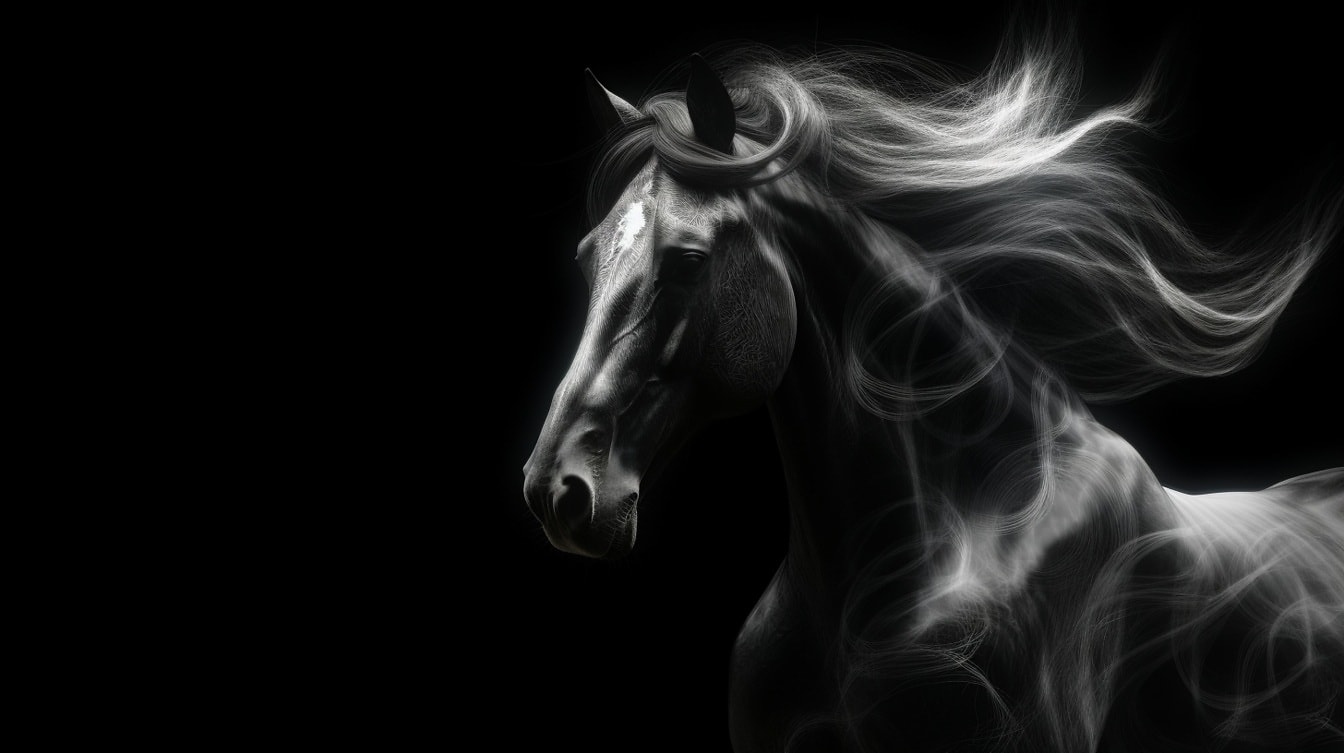 Minh họa đơn sắc nghệ thuật của con ngựa xám trên nền đen