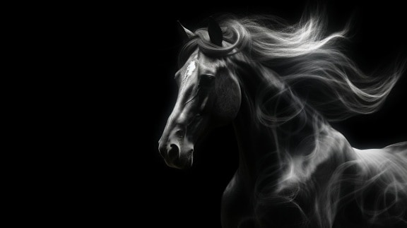 Artistic monochrome illustration of grey stallion on black background