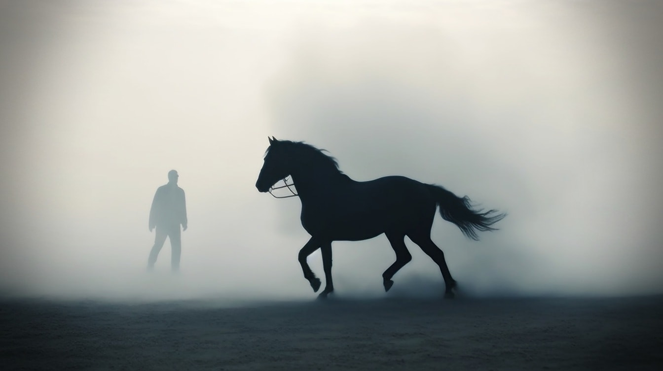 Ihmisen ja mustan hevosen siluetti syvässä sumussa