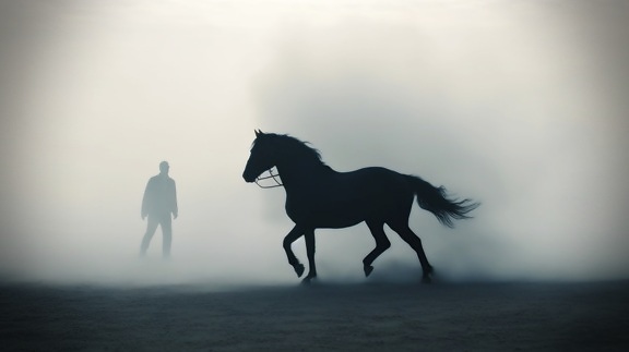 Silhuett av mann og svart hest i dyp tåke