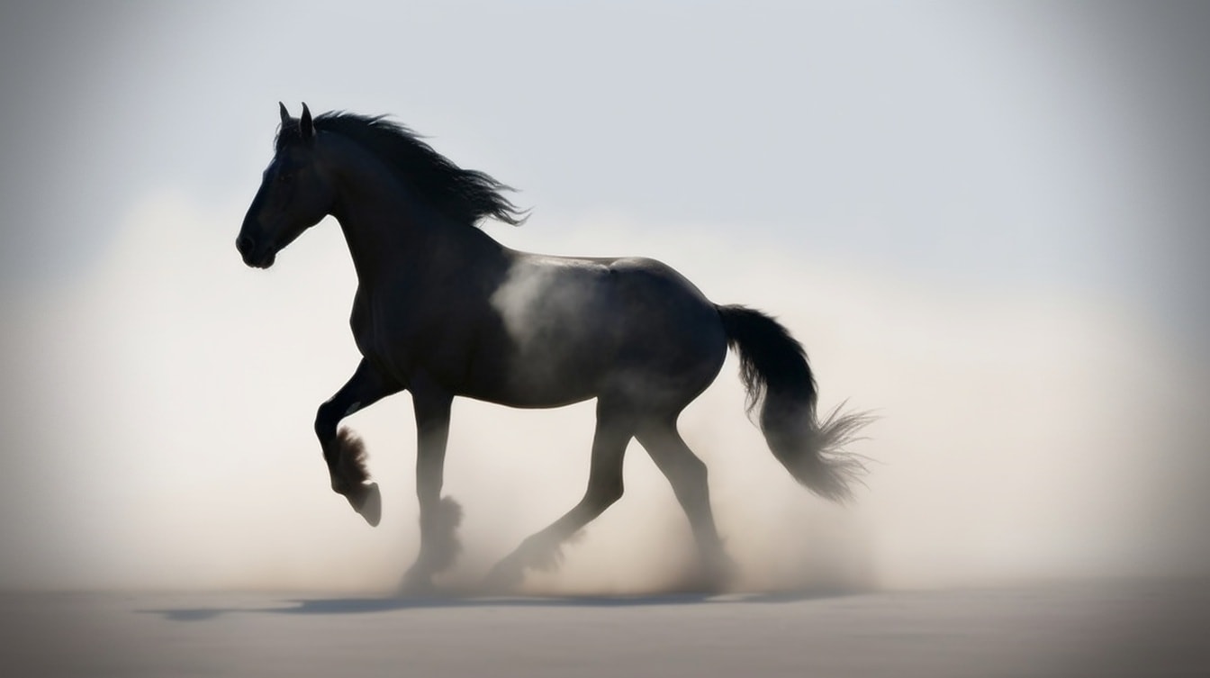 Siluet kuda jantan hitam dalam ilustrasi kabut