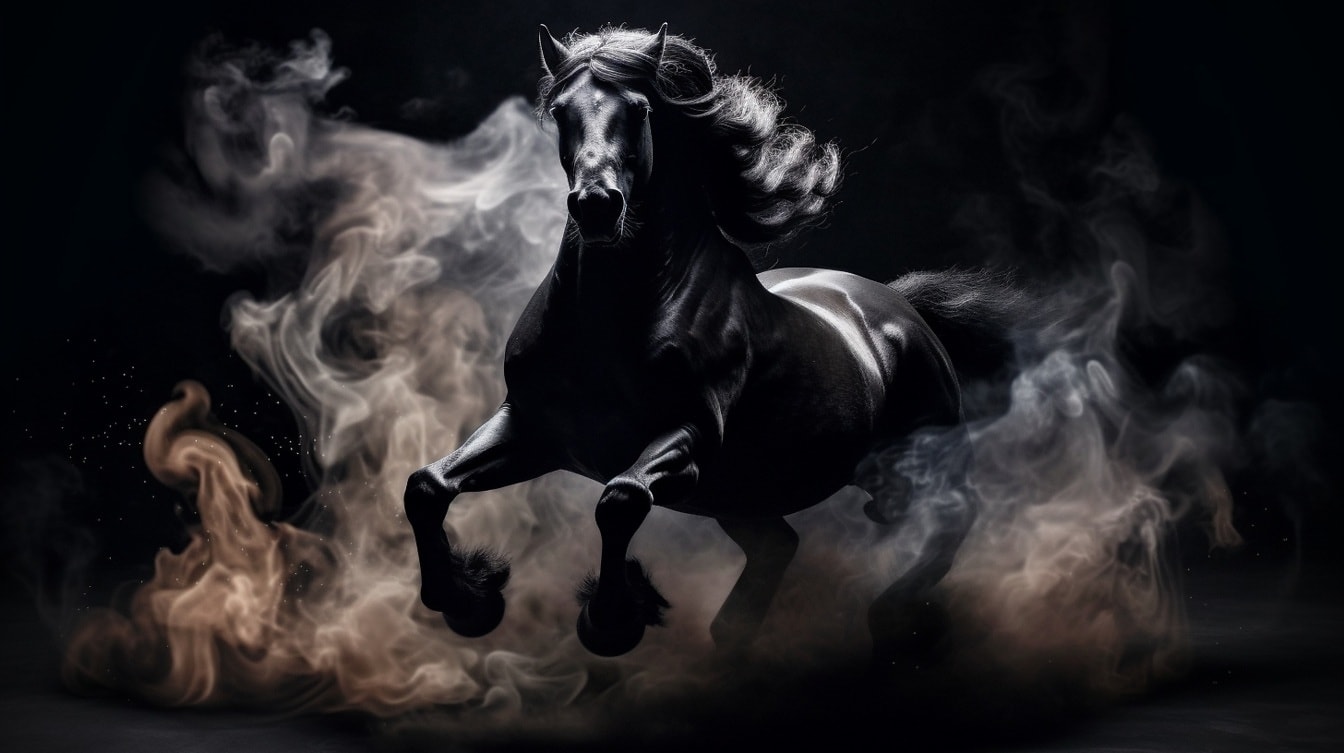 Muscular black Spanish stallion running in darkness