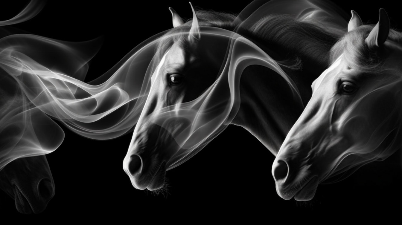 Ilustrasi kepala kuda abu-abu dalam asap transparan