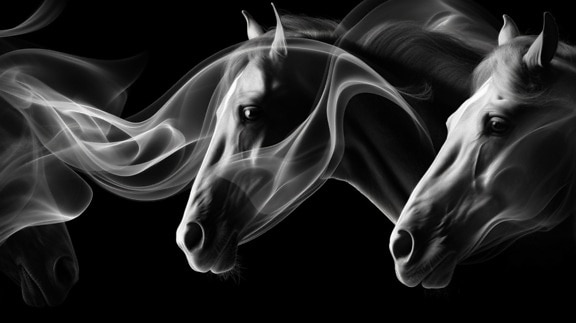 Illustration of gray horse head in transparent smoke