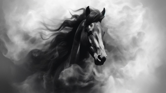 Majestic monochrome illustration of black stallion in white fog