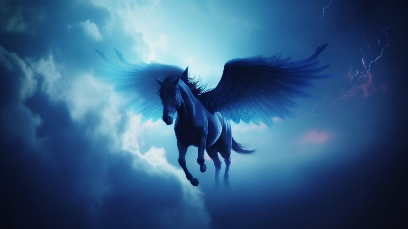 Dunkler Pegasushengst fliegt am dunkelblauen Himmel