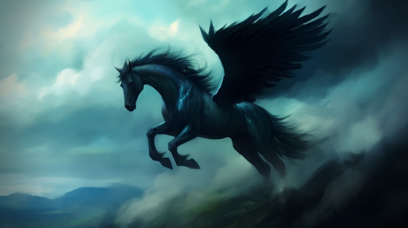 Pegasus đen với đôi cánh đen nhảy trong bụi
