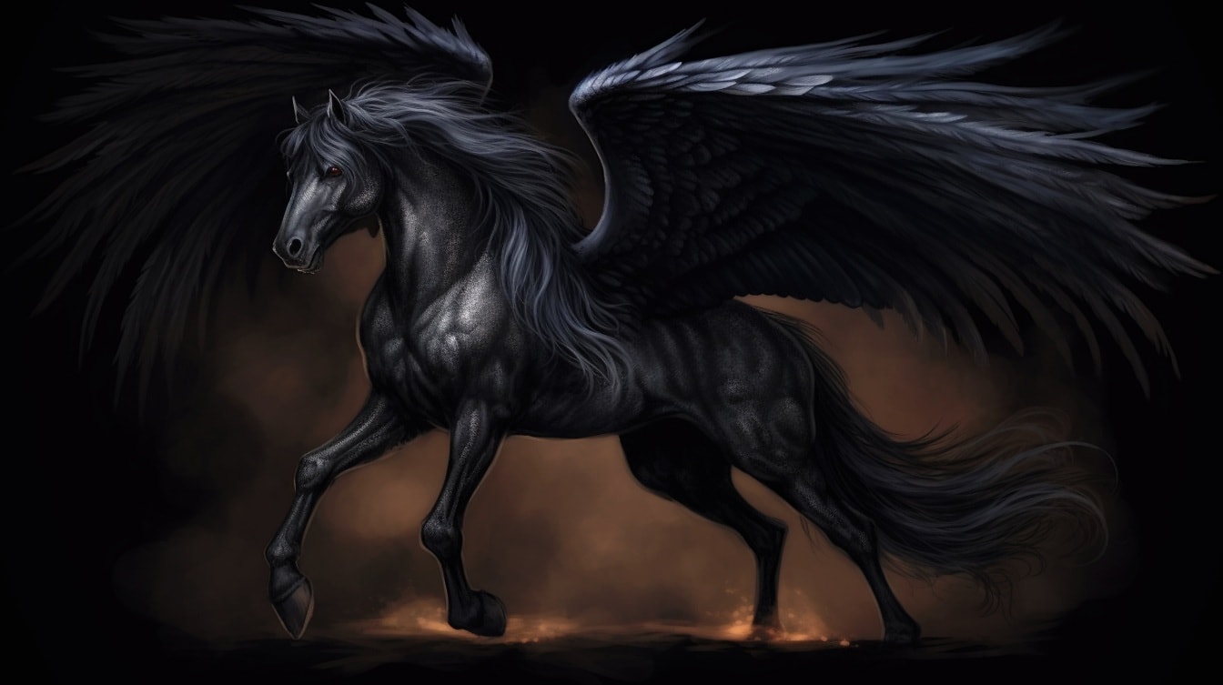 Fantasy čierny Pegasus bežiaci v temnej noci