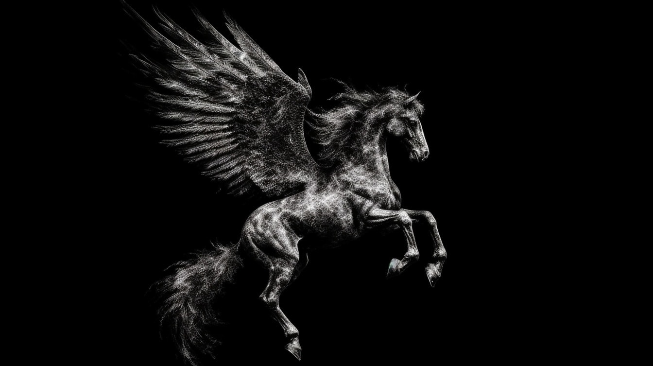 Artistic monochrome illustration of pegasus stallion in darkness