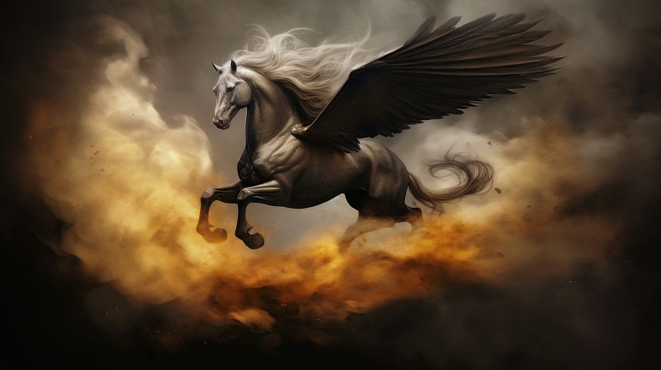 ม้าสีเทาเพกาซัสเหนือจริงที่มีปีกบินอยู่ในเมฆมืด