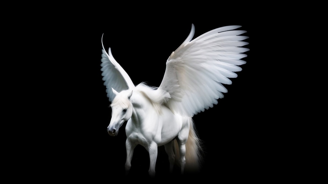 Pegasus putih dari mitologi Yunani dengan latar belakang hitam