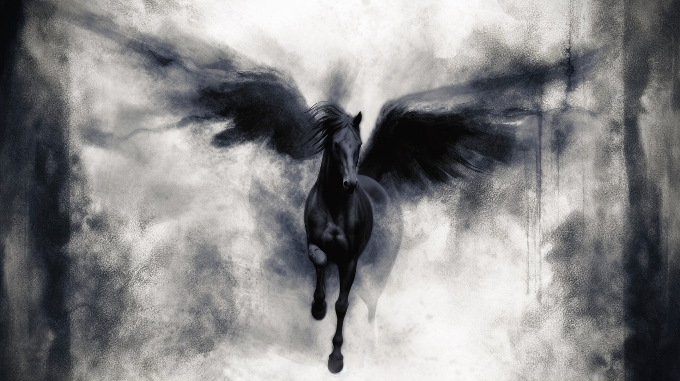 Pegasus negru care rulează în fum întunecat