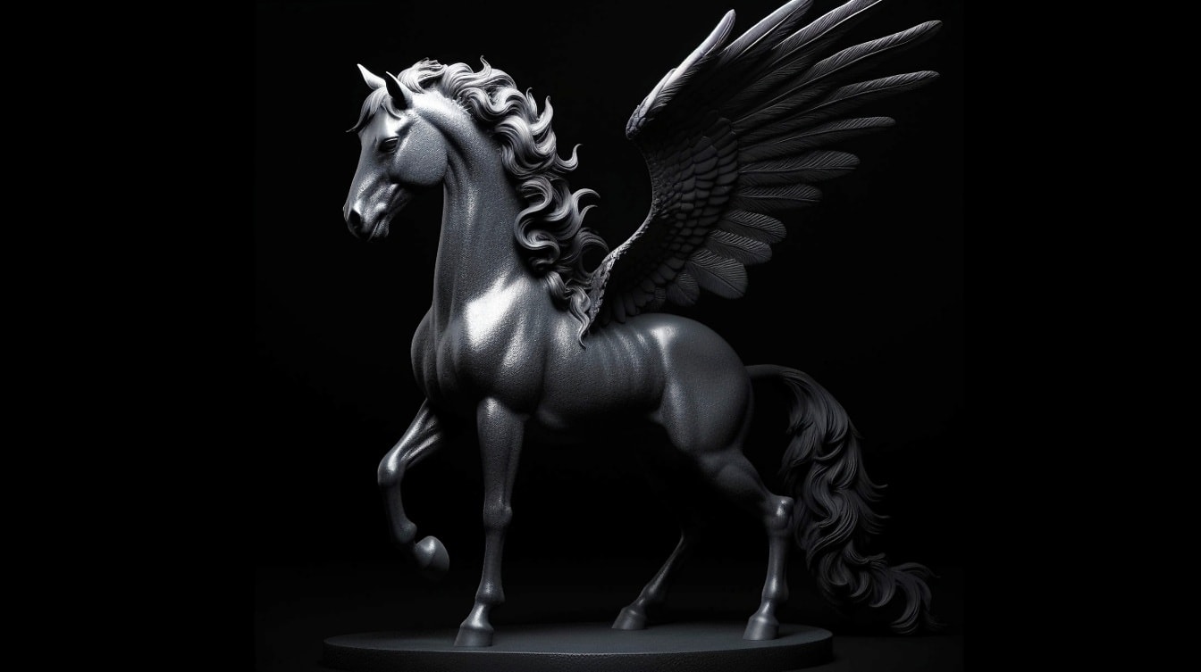 Monokrom bronzeskulptur af sort Pegasus-hest med vinger