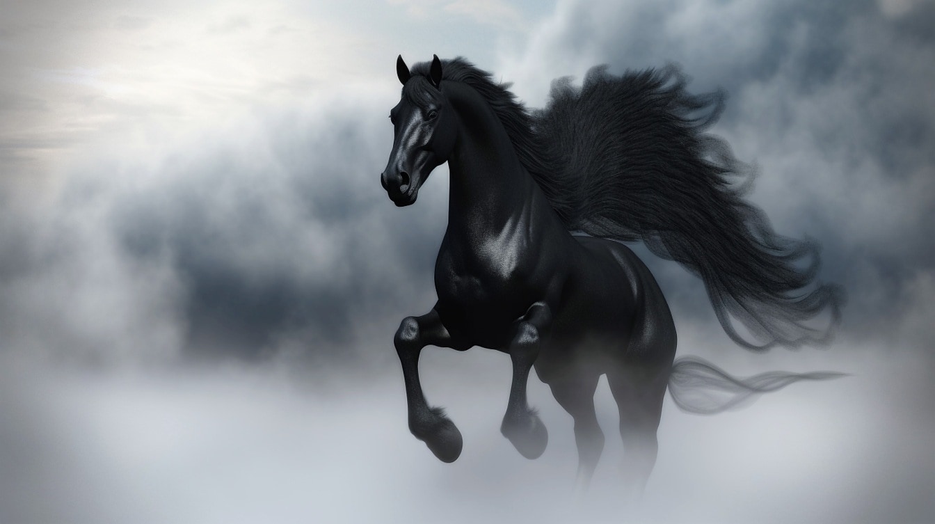 Stallone pegaso nero della mitologia greca che corre nella nebbia