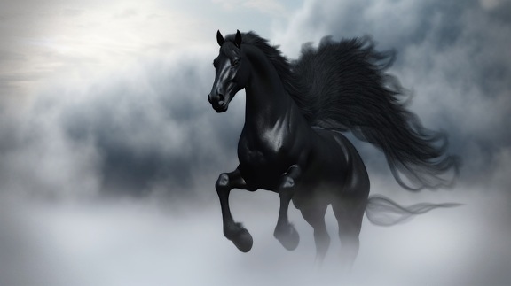 pégaso, preto, Grego, mitologia, nevoeiro, em execução, cavalo, garanhão