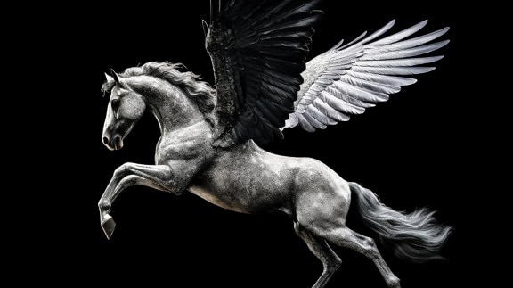 Black and white graphic of pegasys horse on black background