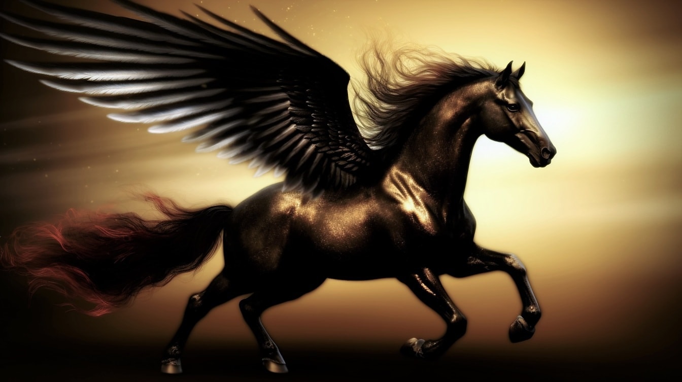 Pegasus marrom com asas pretas correndo na poeira