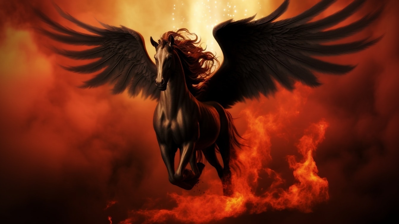 Pegasus preto correndo através do fogo e chamas