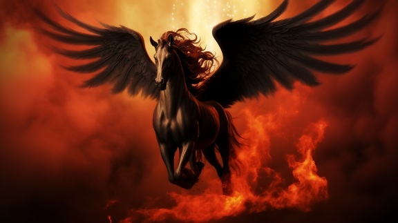 Black pegasus running through fire and flames
