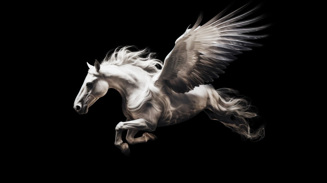 Fantasy photomontage of white horse pegasus on black background