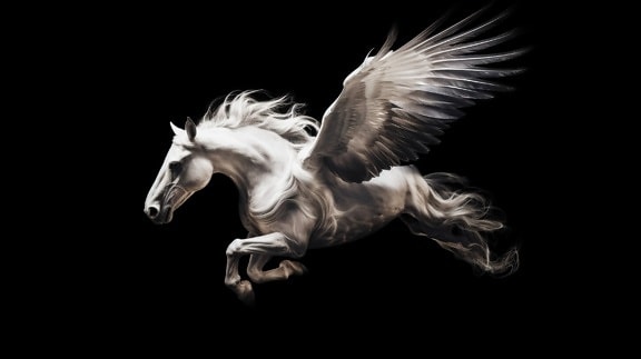 Fotomontagem da fantasia do cavalo branco pegasus no fundo preto