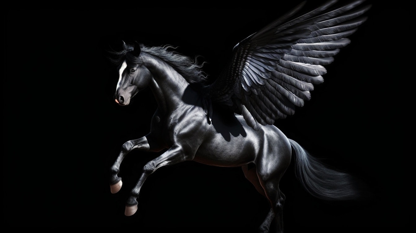 Majestátní svalnatý černý kůň pegas s křídly na tmavém pozadí