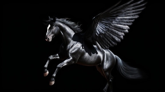 muscular, majestoso, pégaso, asas, preto, cavalo, vermelho escuro, plano de fundo