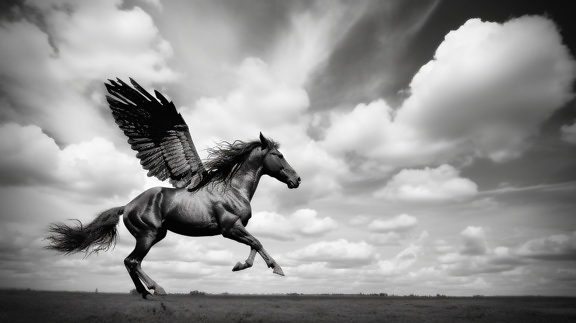 majestoso, fotomontagem, asas, preto, cavalo, campo, garanhão, em execução