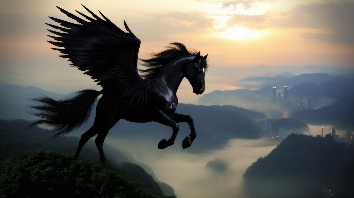 Schwarzer Pegasus springt vom Rand des Hügels