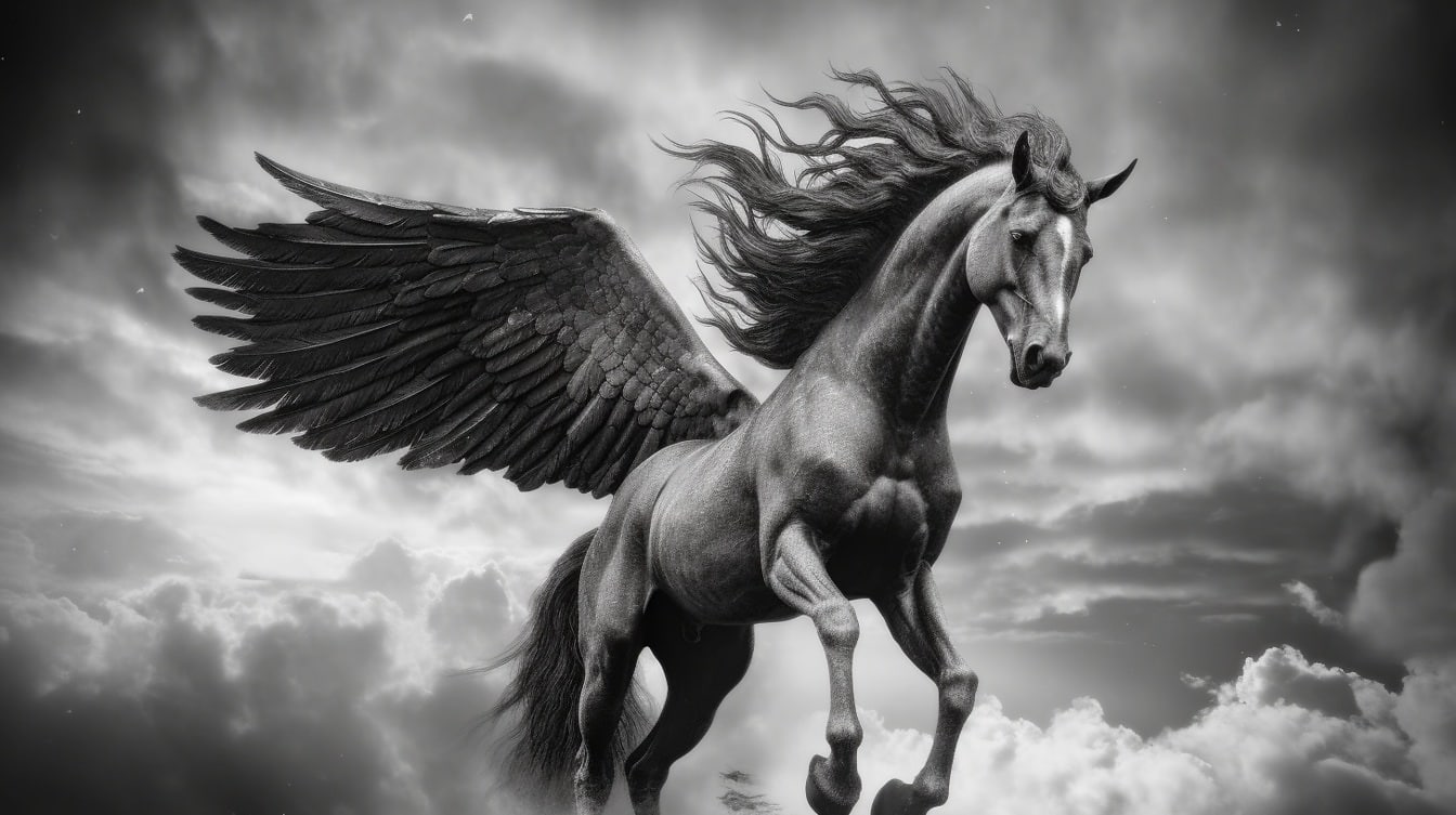A fenséges Pegasus fantázialó monokróm grafikája a mitológiából