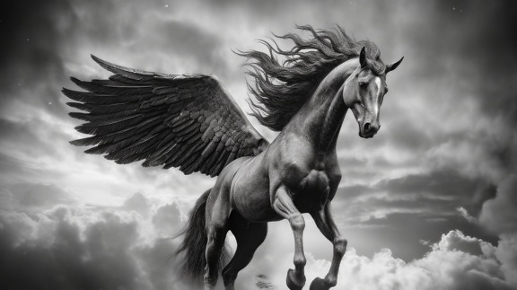 Zwart-wit afbeelding van majestueus Pegasus-fantasiepaard uit de mythologie