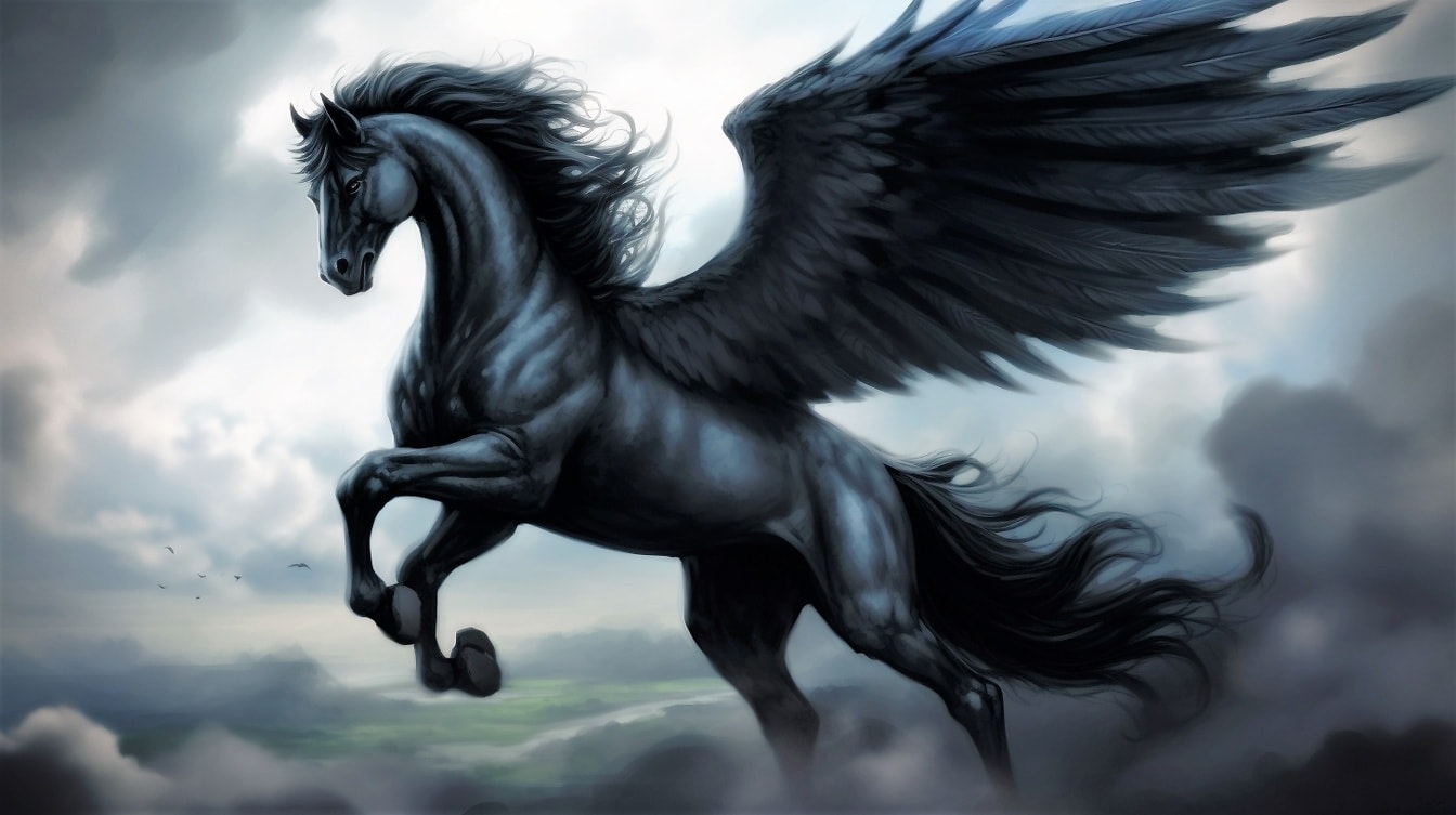 Majesteettinen lihaksikas musta Pegasus hyppää pilvissä