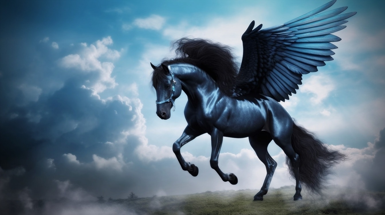Fantázia: sötétkék pegazus mitológiai állat a dombtetőn