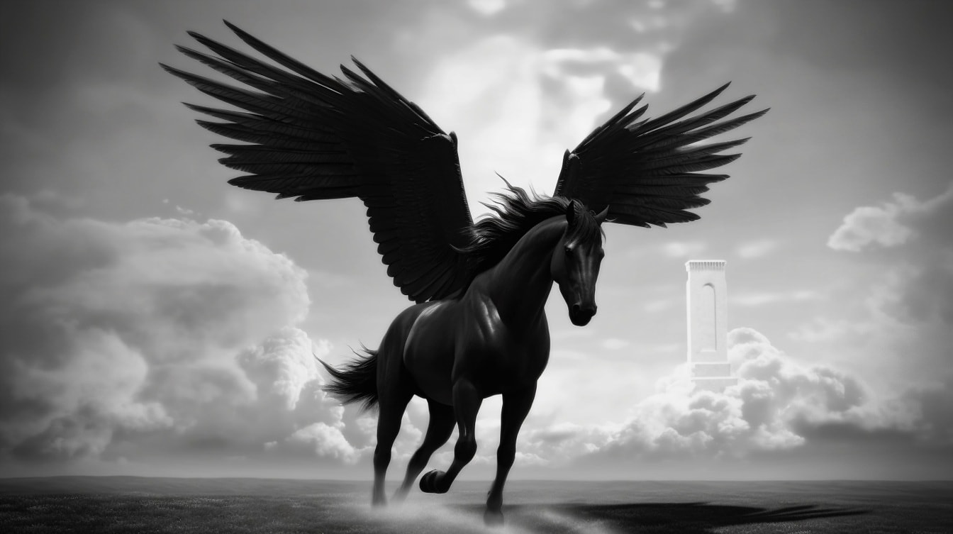 Schwarz-Weiß-Grafik eines schwarzen Pegasus-Hengstes aus der griechischen Mythologie