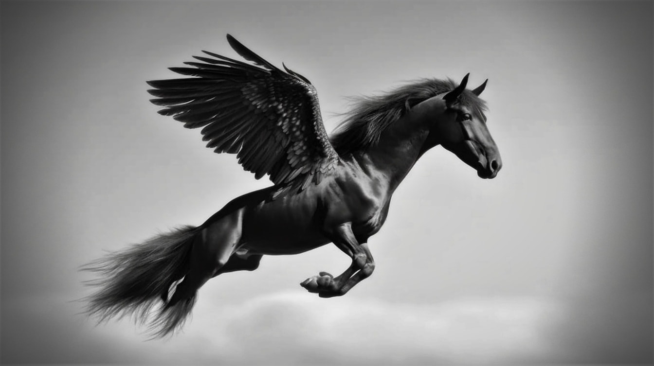 Surreale Fantasy-Grafik des fliegenden schwarzen Pegasus
