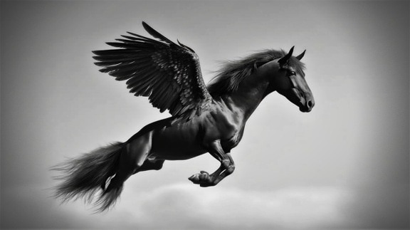 graphic, fantasia, surreal, pégaso, preto, voando, cavalo, voo