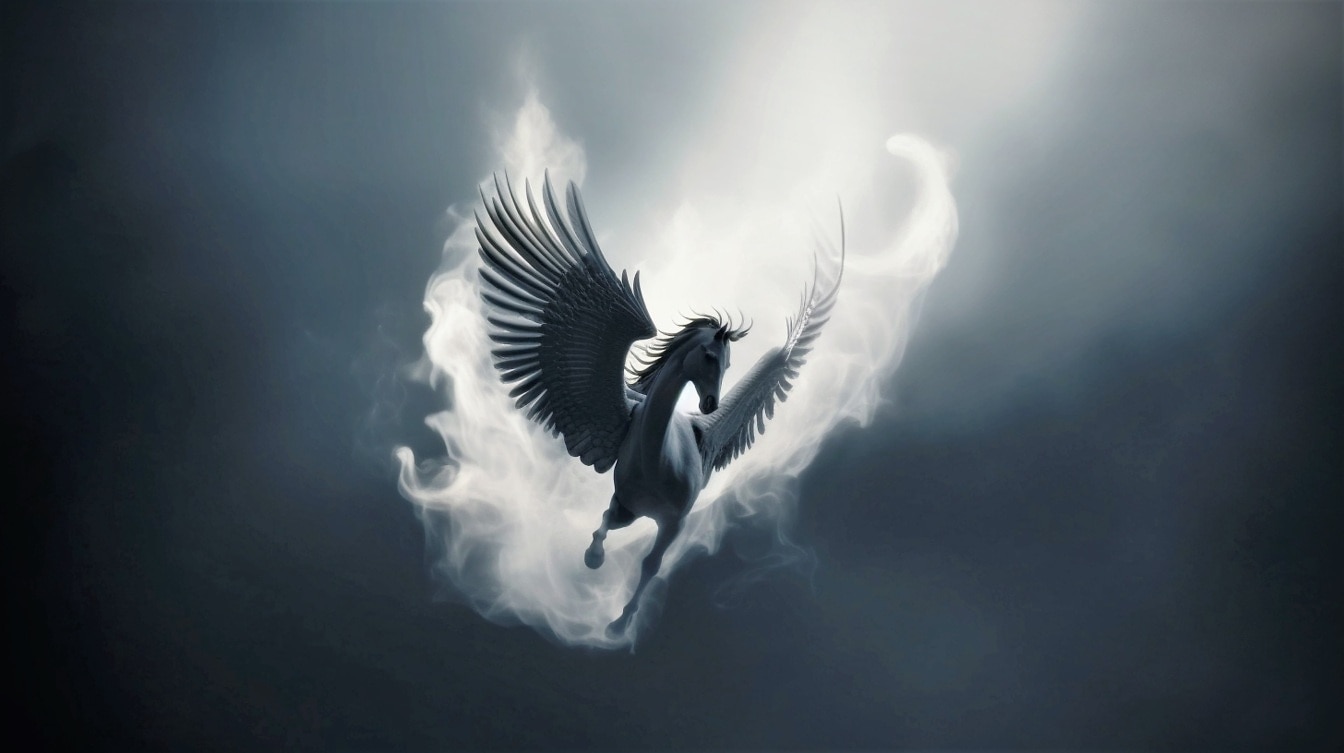 Pegasus alb maiestuos care zboară pe cerul albastru închis