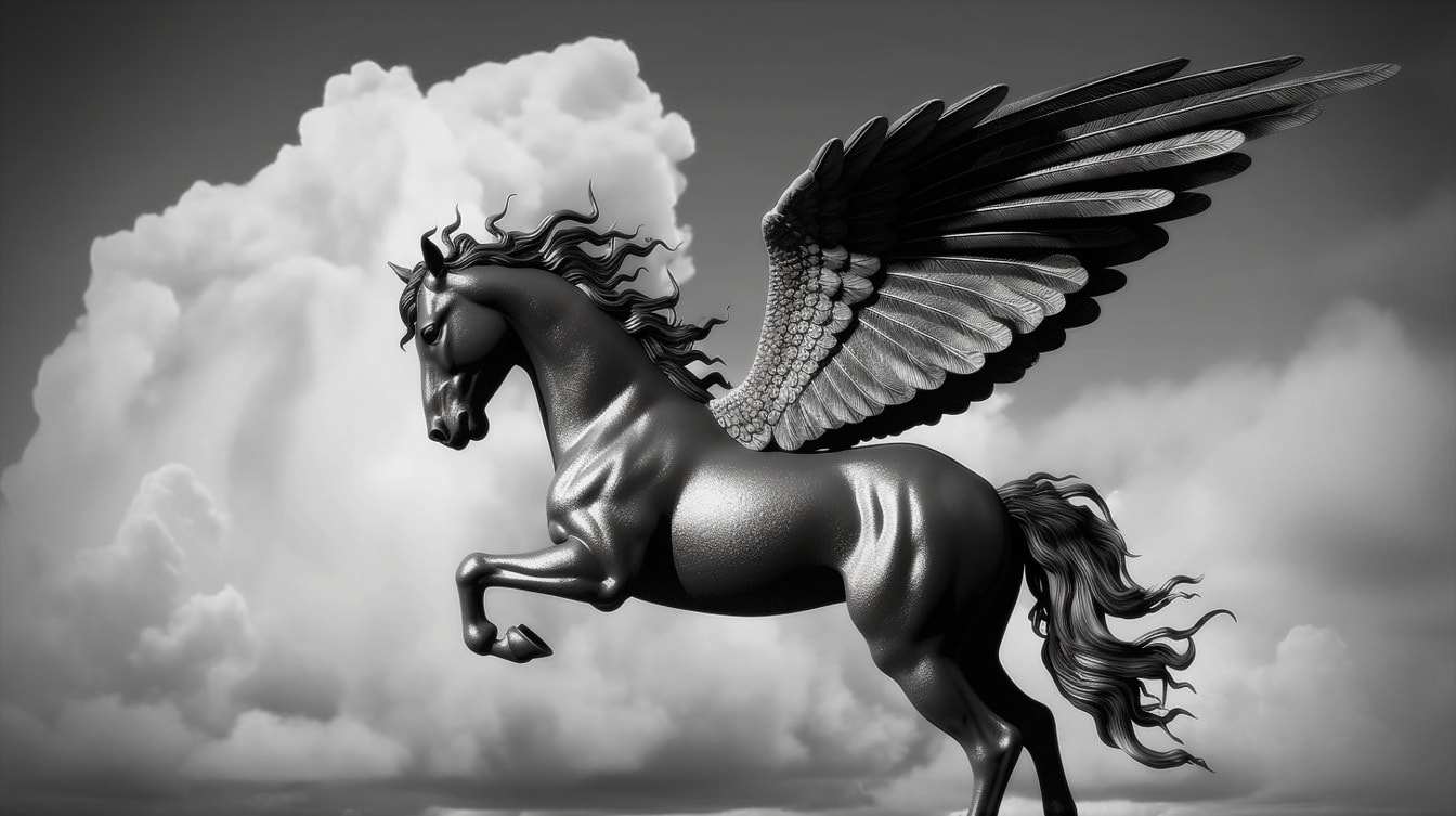Monochroom standbeeld van Pegasus met majestueuze vleugels