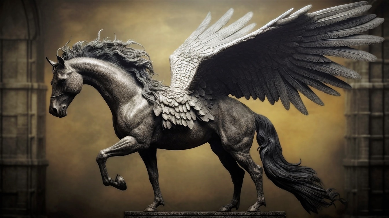 Sculptură frumoasă din granit a calului alb Pegasus