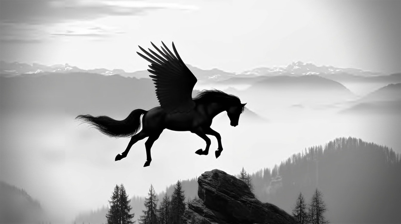 Zwart-wit fotomontage van silhouet van zwarte pegasys flyover bergen