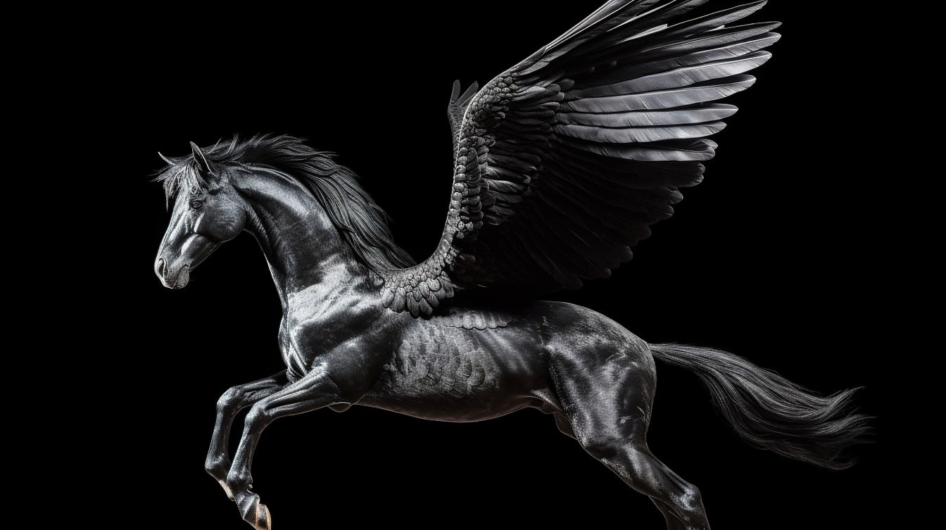 Het zwarte paard van de fantasiepegasus met vleugels van Griekse mythologie