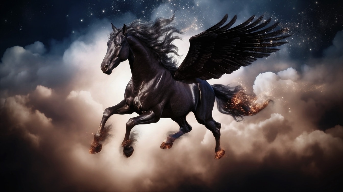 Čierny Pegasus s ohnivým konským chvostom bežiacim na nebi