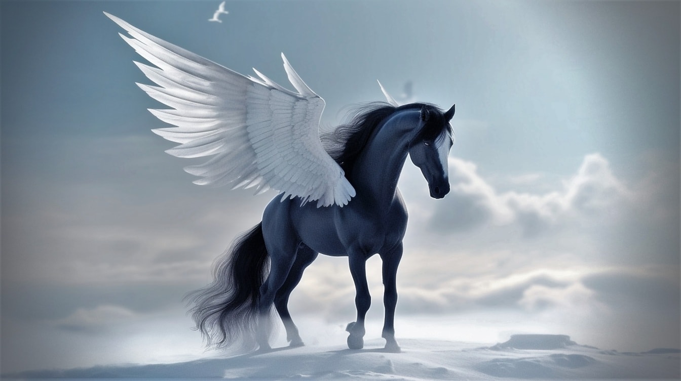 눈 위에 흰 날개를 가진 회색 페가수스의 그림