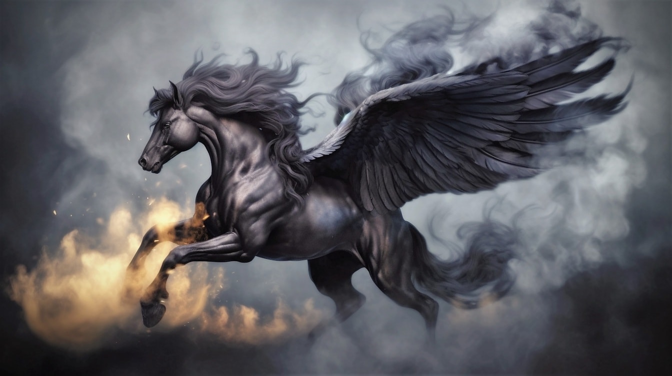 Mišićavi crni konj Pegaz s krilima u tamnom dimu i vatri