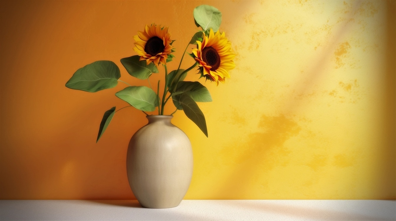 Havainnekuva auringonkukista beigessä maljakossa oranssinkeltaisella seinällä