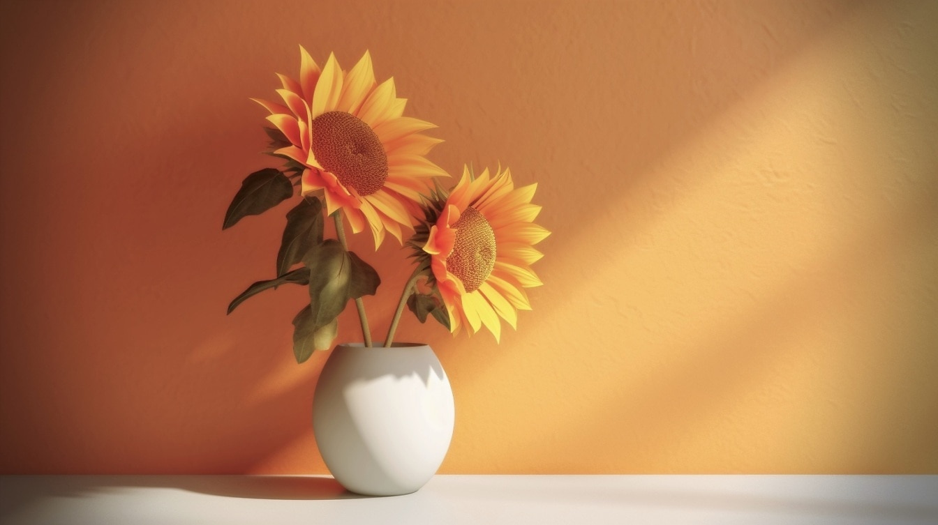 주황색 노란색 벽으로 그림자에 흰색 꽃병에 해바라기의 그래픽