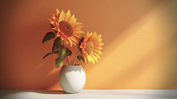 Graphic of sunflowers in white vase in shadow by orange yellow wall