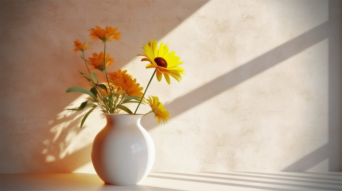 Illustration of fine arts yellowish flowers in white ceramic vase in shadow