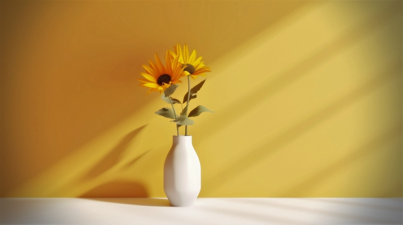 Sanftes Sonnenlicht auf Sonnenblumen in weißer Vase auf dem Boden an gelblicher Wand